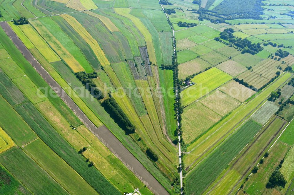 Ovelgönne from the bird's eye view: Structures on agricultural fields in Ovelgoenne in the state Lower Saxony, Germany