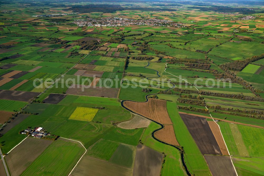 Riedhöfe from the bird's eye view: Structures on agricultural fields in Riedhöfe in the state Baden-Wuerttemberg, Germany