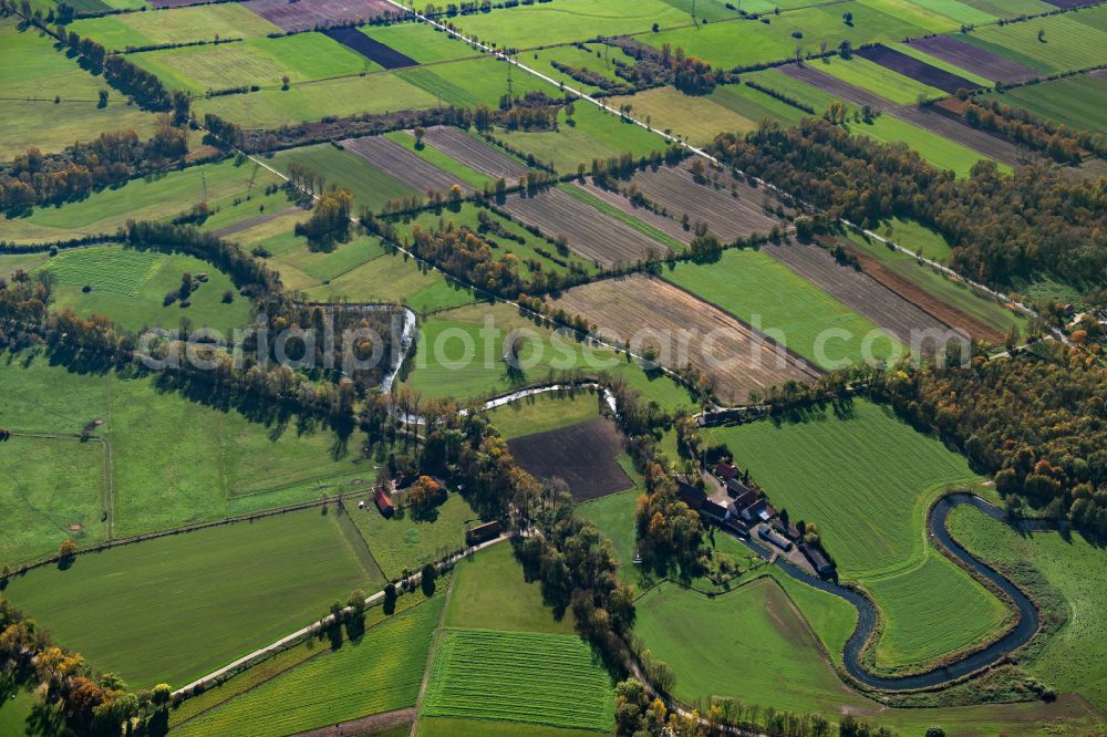 Riedhöfe from above - Structures on agricultural fields in Riedhöfe in the state Baden-Wuerttemberg, Germany