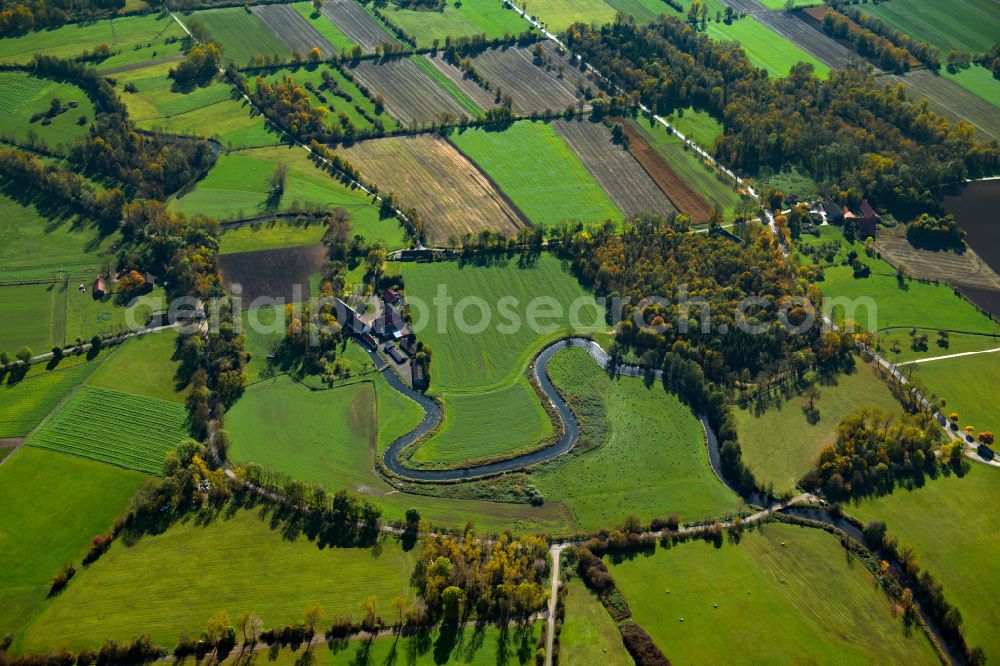 Riedhöfe from the bird's eye view: Structures on agricultural fields in Riedhöfe in the state Baden-Wuerttemberg, Germany