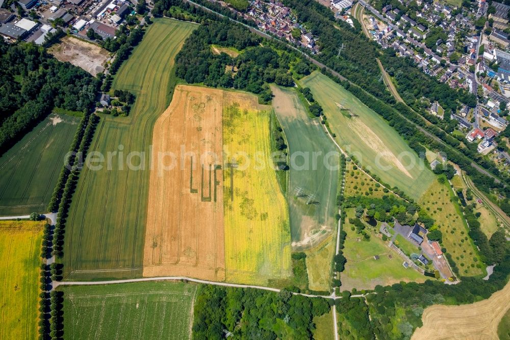 Aerial photograph Gelsenkirchen - Structures on agricultural fields with lettering AIR in the district Mechtenberg in Gelsenkirchen in the state North Rhine-Westphalia, Germany