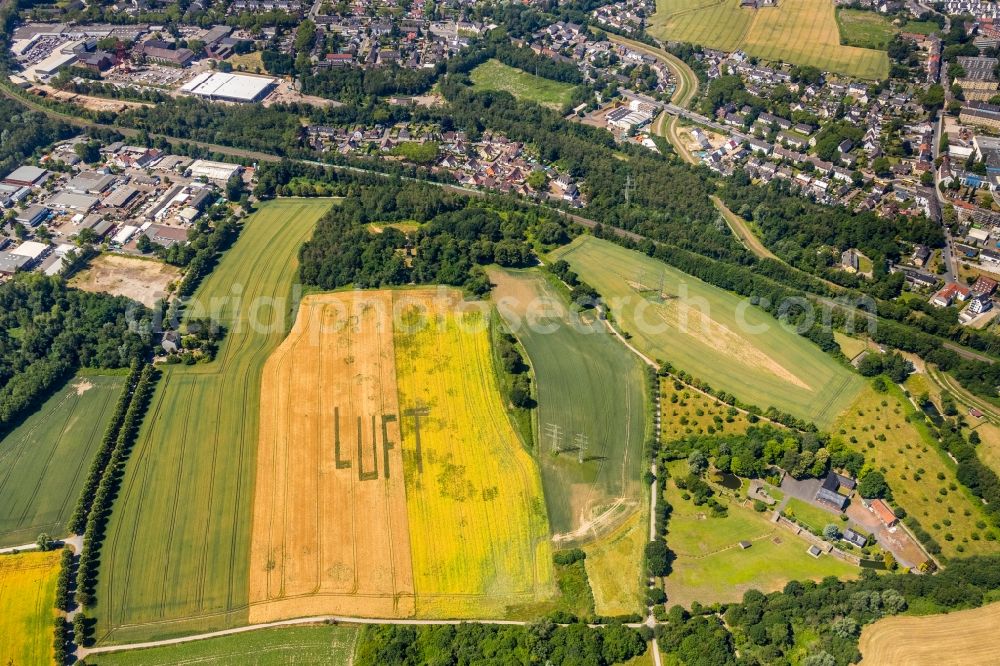 Gelsenkirchen from above - Structures on agricultural fields with lettering AIR in the district Mechtenberg in Gelsenkirchen in the state North Rhine-Westphalia, Germany