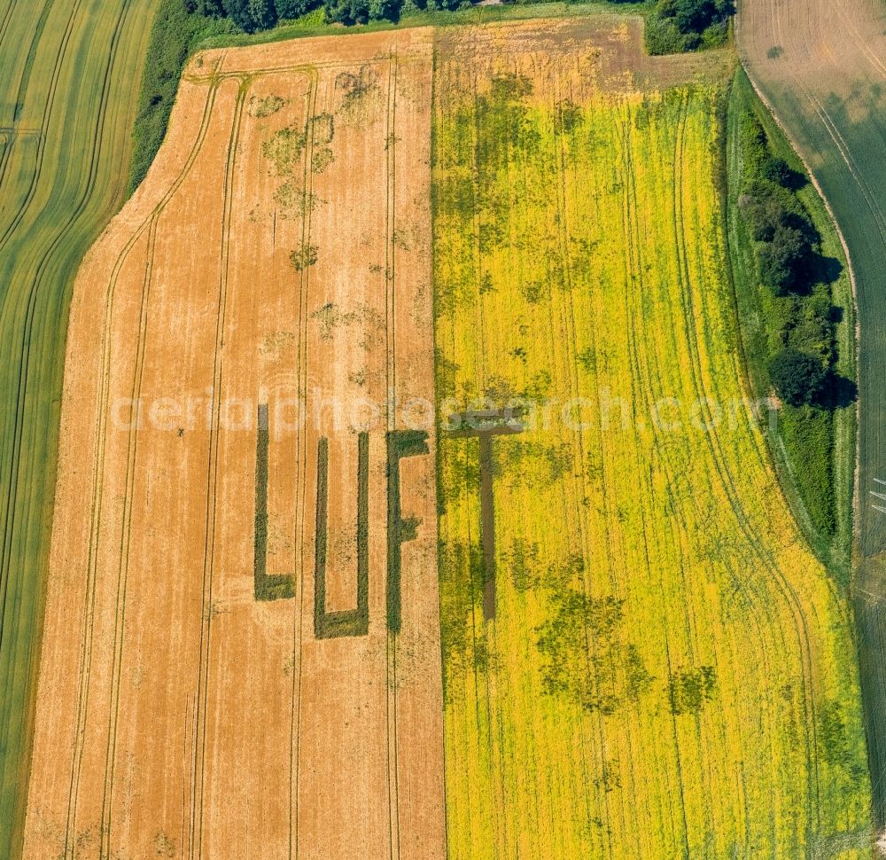 Aerial image Gelsenkirchen - Structures on agricultural fields with lettering AIR in the district Mechtenberg in Gelsenkirchen in the state North Rhine-Westphalia, Germany