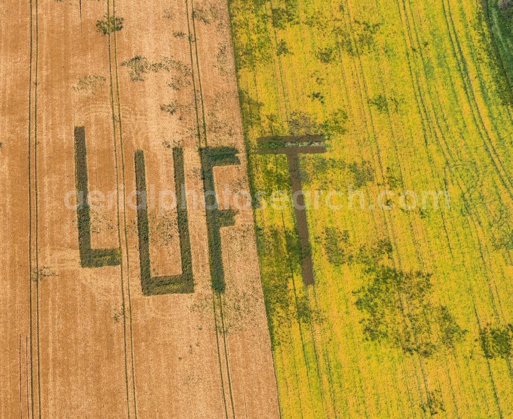 Gelsenkirchen from above - Structures on agricultural fields with lettering AIR in the district Mechtenberg in Gelsenkirchen in the state North Rhine-Westphalia, Germany