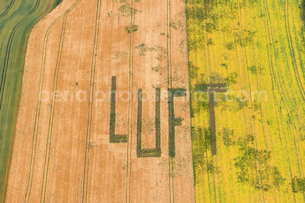 Gelsenkirchen from the bird's eye view: Structures on agricultural fields with lettering AIR in the district Mechtenberg in Gelsenkirchen in the state North Rhine-Westphalia, Germany