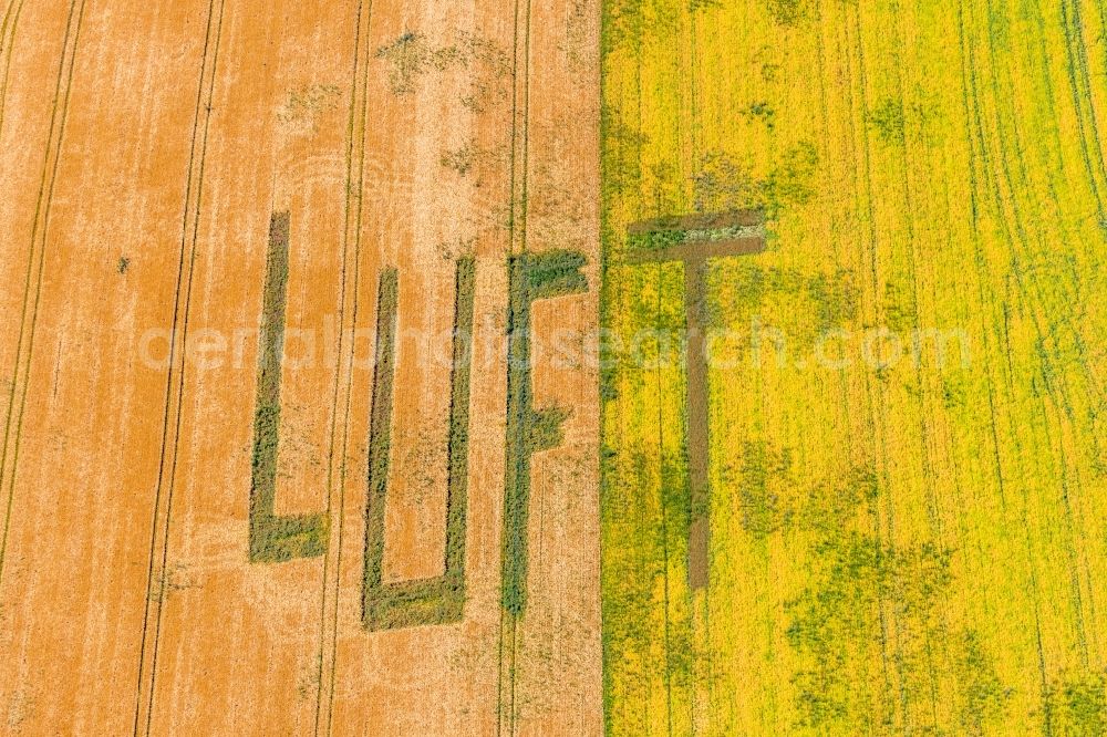 Aerial image Gelsenkirchen - Structures on agricultural fields with lettering AIR in the district Mechtenberg in Gelsenkirchen in the state North Rhine-Westphalia, Germany