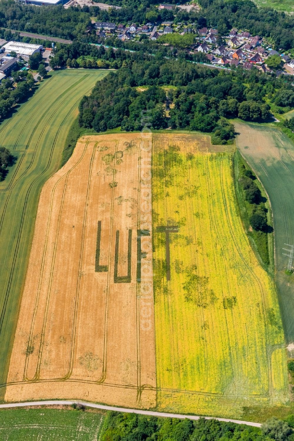 Aerial photograph Gelsenkirchen - Structures on agricultural fields with lettering AIR in the district Mechtenberg in Gelsenkirchen in the state North Rhine-Westphalia, Germany