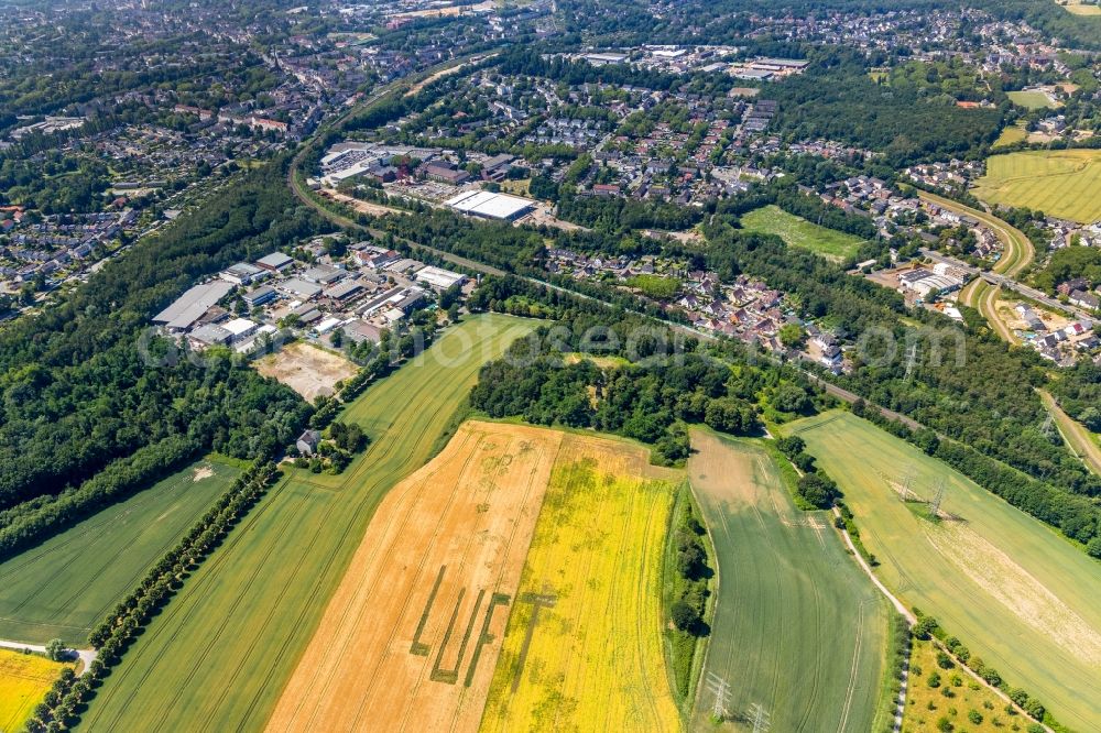 Gelsenkirchen from above - Structures on agricultural fields with lettering AIR in the district Mechtenberg in Gelsenkirchen in the state North Rhine-Westphalia, Germany