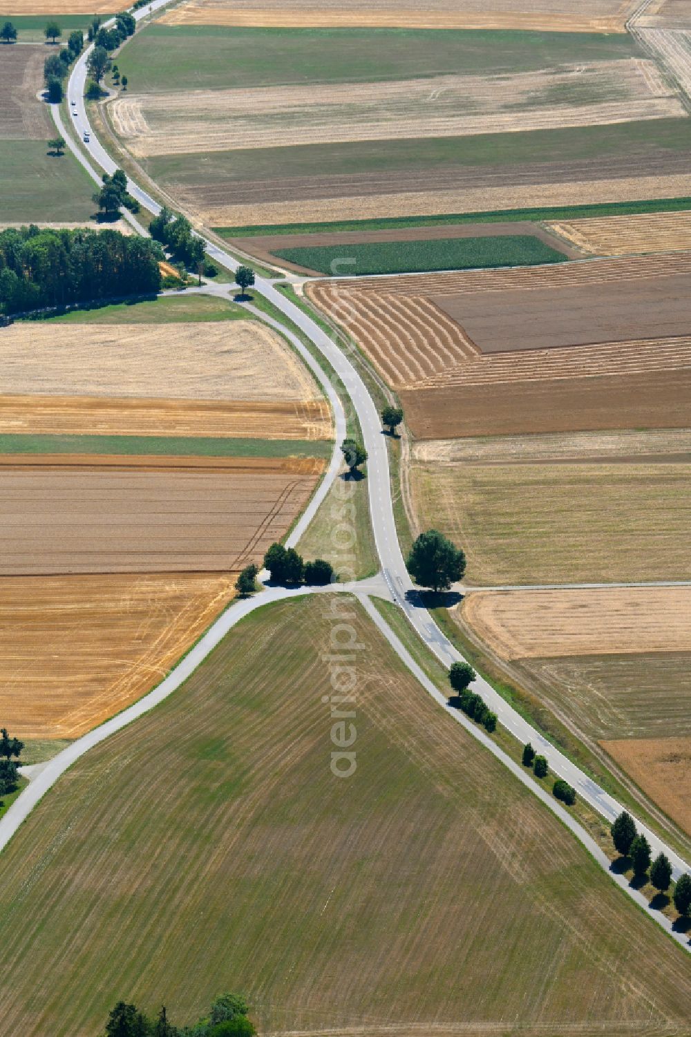 Schopfloch from the bird's eye view: Structures on agricultural fields and road fork in Schopfloch in the state Baden-Wuerttemberg, Germany