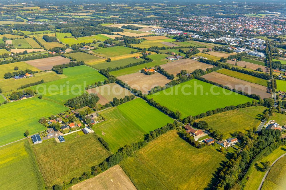 Sudhagen from the bird's eye view: Structures on agricultural fields in Sudhagen in the state North Rhine-Westphalia, Germany