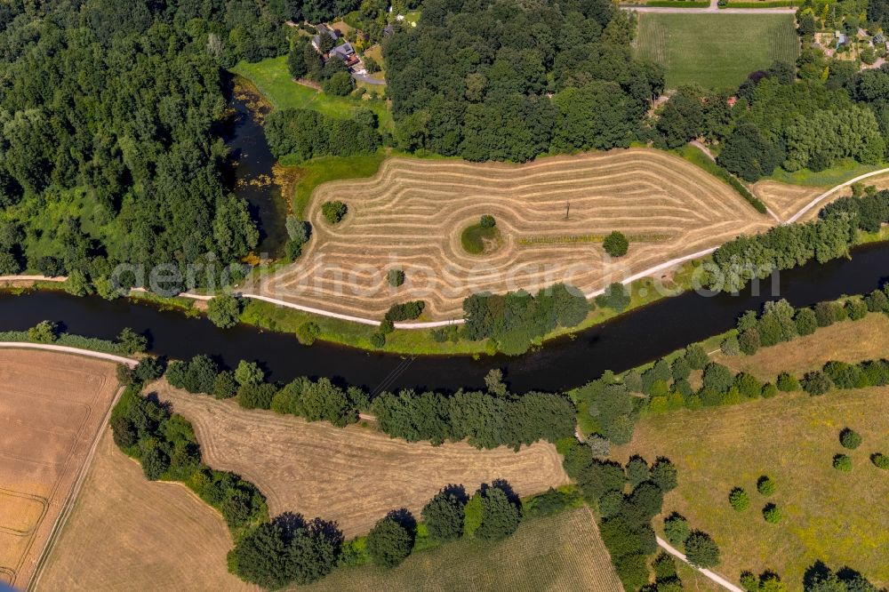 Telgte from above - Structures on agricultural fields on the banks of Ems in Telgte in the state North Rhine-Westphalia, Germany