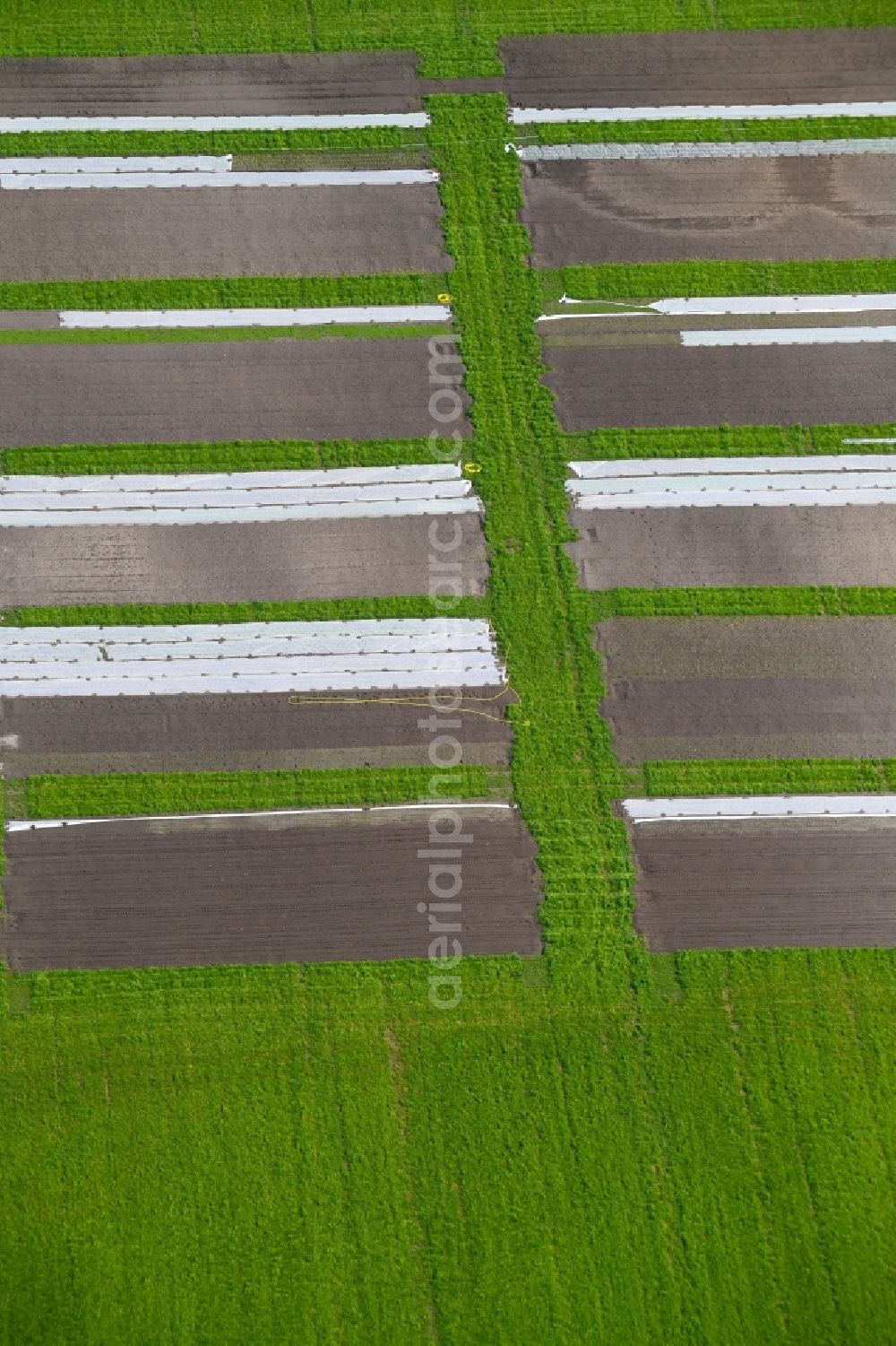 Aerial image Nauen - Structures on agricultural fields a pilot plant in Nauen in the state Brandenburg, Germany