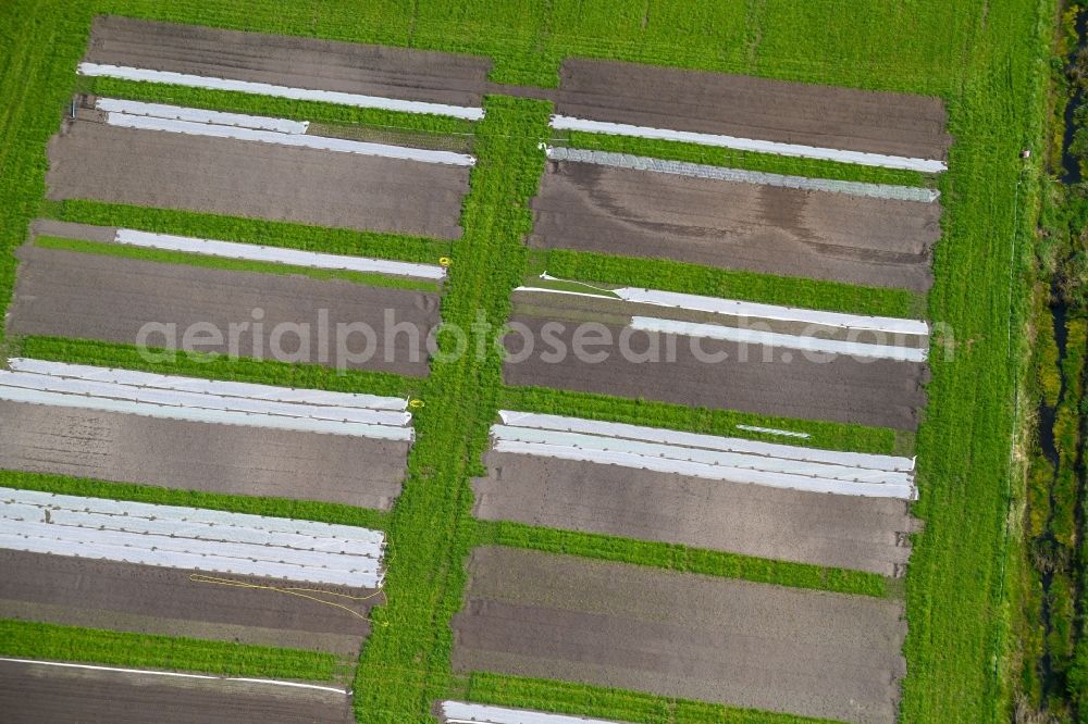 Nauen from above - Structures on agricultural fields a pilot plant in Nauen in the state Brandenburg, Germany