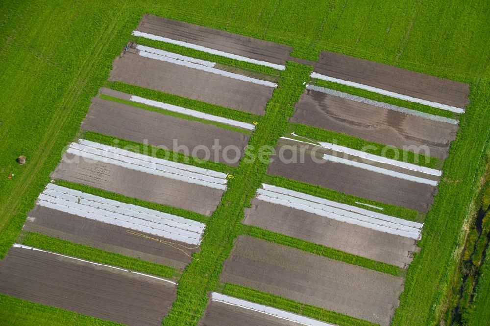 Nauen from the bird's eye view: Structures on agricultural fields a pilot plant in Nauen in the state Brandenburg, Germany