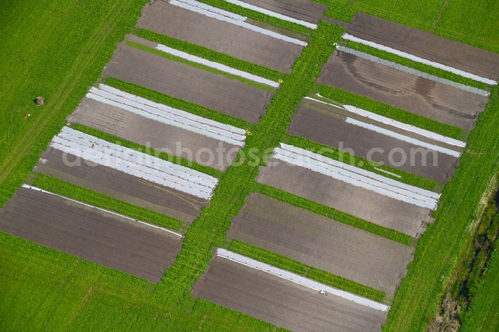 Aerial image Nauen - Structures on agricultural fields a pilot plant in Nauen in the state Brandenburg, Germany