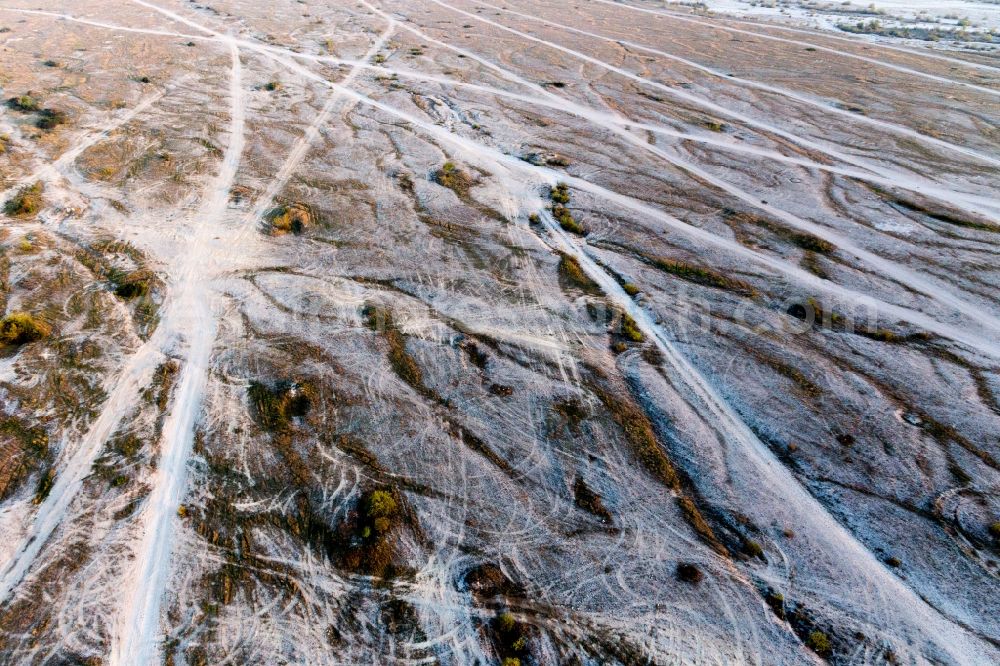 Aerial photograph Vivaro - Traces from Motorbikes and Tanks on a military training area on the low-water level riverbed of the Torrente di Meduno near Vivaro in Friuli-Venezia Giulia, Italy