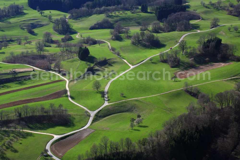 Aerial image Hasel - Structures, roads and sinkholes in agricultural fields and forests in the karst landscape in Hasel in the state of Baden-Wuerttemberg