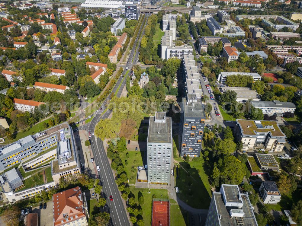 Aerial photograph Dresden - Student Residence - Building in the high-rise on street Hochschulstrasse in Dresden in the state Saxony, Germany