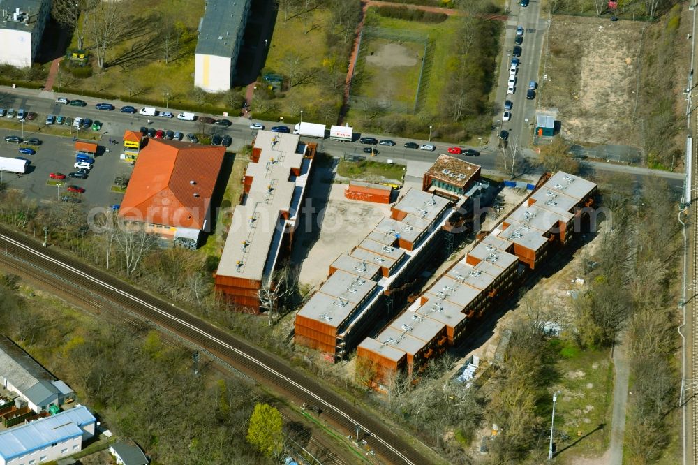 Aerial photograph Berlin - Student residence building Studierendendorf EBA51 and the Eichbuschallee in the district of Treptow in Berlin, Germany