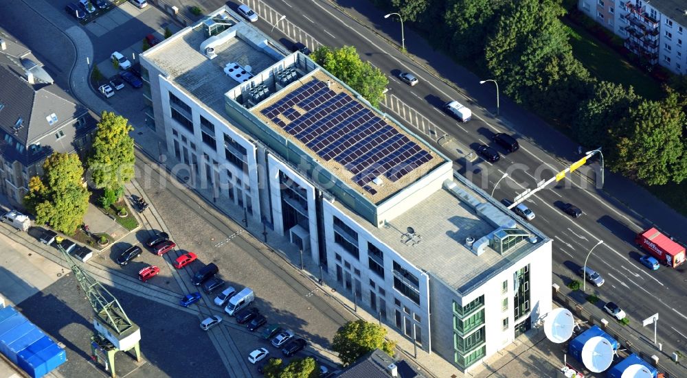 Aerial image Berlin-Friedrichshain - View of the new building for Fernsehwerft in Stralauer Allee in Berlin Friedrichshain. This new building was constructed by Alpine Bau Deutschland AG