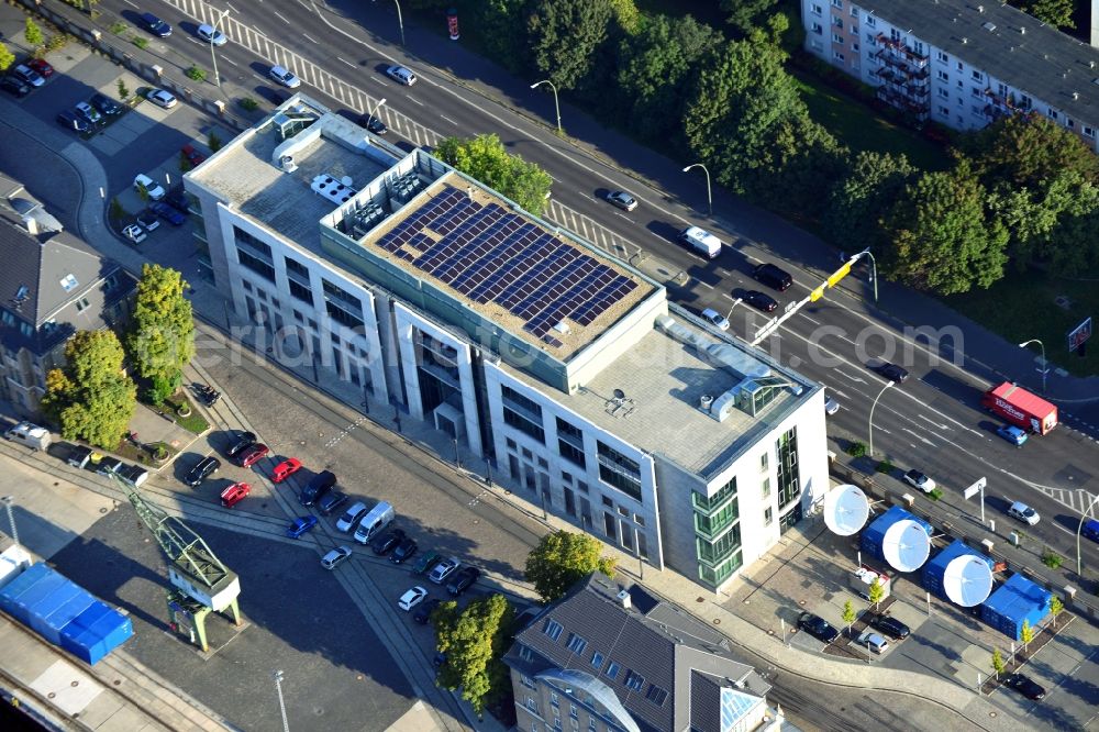 Berlin-Friedrichshain from above - View of the new building for Fernsehwerft in Stralauer Allee in Berlin Friedrichshain. This new building was constructed by Alpine Bau Deutschland AG