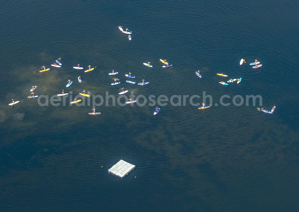 Aerial image Witten - SUP board sport boat in motion on the water surface on Kemnader See in Witten at Ruhrgebiet in the state North Rhine-Westphalia, Germany