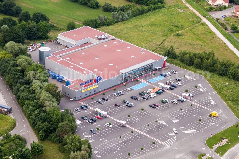 Aerial image Scheibenhard - Store of the Supermarket Carrefour Market Scheibenhard in Scheibenhard in Grand Est, France