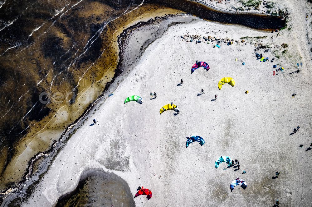 Puttgarden from above - Surfer - kitesurfer in motion Gruener Brink in Puttgarden on the island on street Kabunskoppel of Fehmarn in the state Schleswig-Holstein, Germany