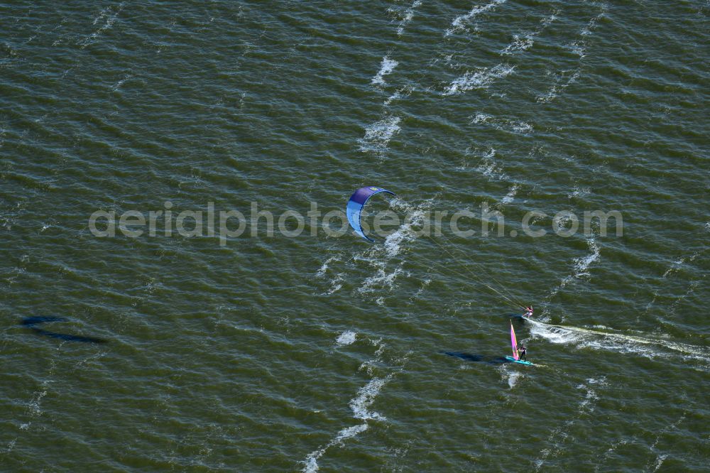 Born am Darß from above - Surfer - kitesurfer and sailors in motion on Barther Bodden in Born am Darss in the state Mecklenburg - Western Pomerania, Germany