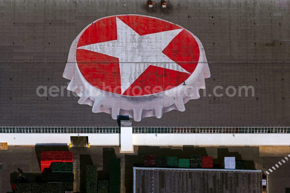 Leipzig from above - Symbol on the roof of a building on the factory premises of the brewery Sternburg Brauerei on Muehlstrasse in the district of Reudnitz in Leipzig in the state of Saxony