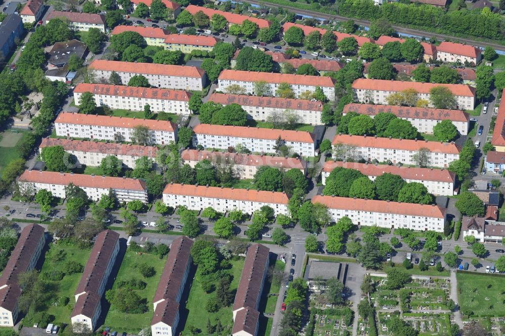 Freiburg im Breisgau from above - Residential area of a row house settlement in the district Haslach in Freiburg im Breisgau in the state Baden-Wurttemberg, Germany