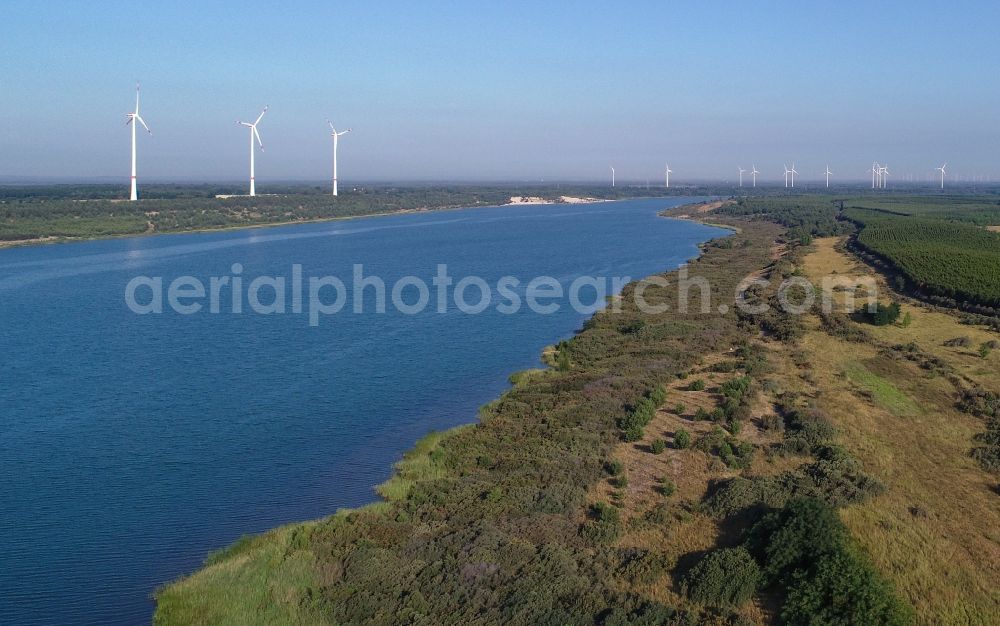 Raddusch from the bird's eye view: Open pit re cultivation on the shores of the lake Bischdorfer See in Raddusch in the state Brandenburg, Germany