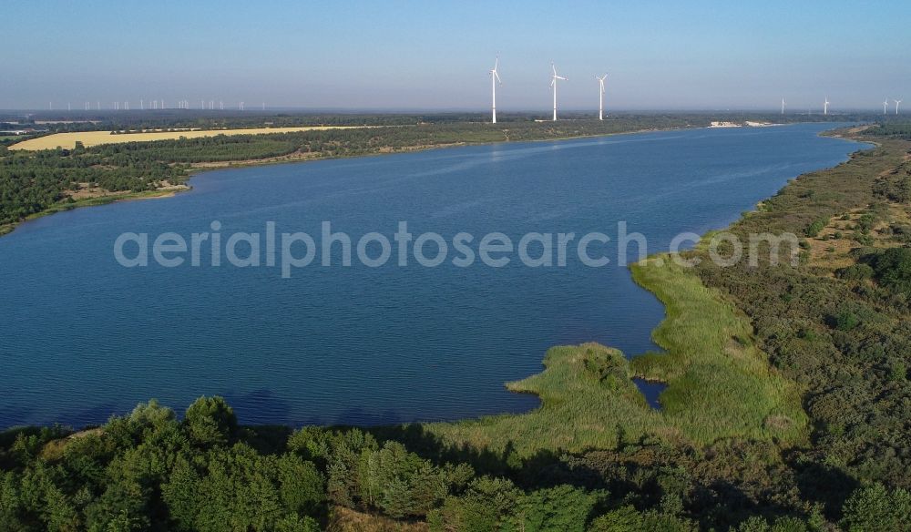 Aerial image Raddusch - Open pit re cultivation on the shores of the lake Bischdorfer See in Raddusch in the state Brandenburg, Germany