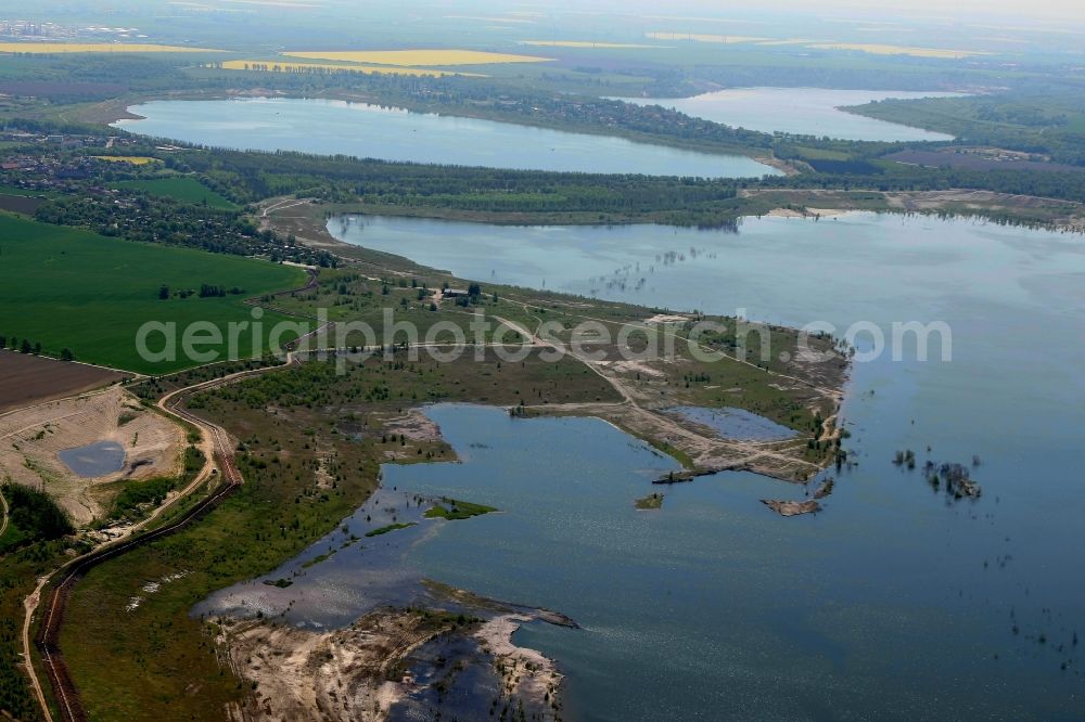 Aerial image Braunsbedra - Open pit re cultivation on the shores of the lake Geiseltalsee in Braunsbedra in the state Saxony-Anhalt, Germany