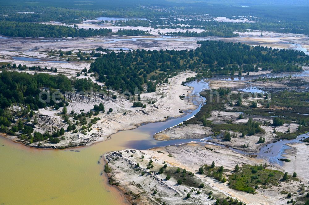 Görlsdorf from the bird's eye view: Open pit re cultivation on the shores of the lake Schlabendorfer See on street Wanninchen in Goerlsdorf in the state Brandenburg, Germany