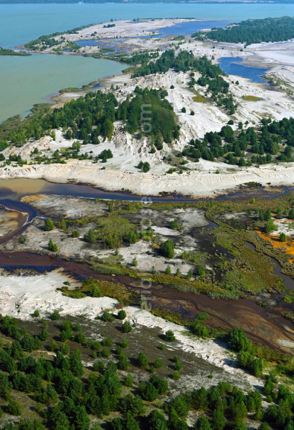 Görlsdorf from above - Open pit re cultivation on the shores of the lake Schlabendorfer See on street Wanninchen in Goerlsdorf in the state Brandenburg, Germany