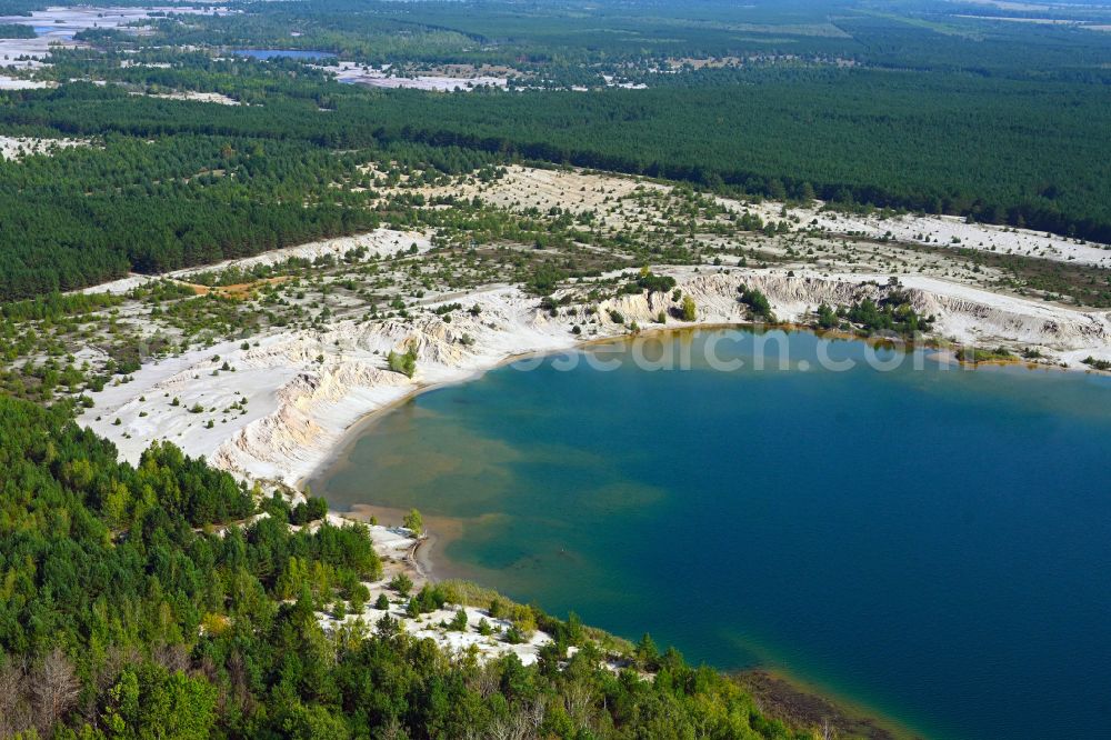 Aerial photograph Bergen - Open pit re cultivation on the shores of the lake Stiebsdorfer See in Bergen in the state Brandenburg, Germany