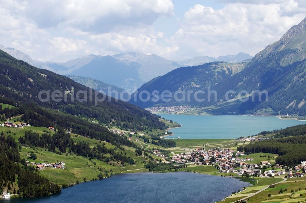 Aerial image Curon Venosta Graun - Valley at Reschensee Reschenpass at Curon Venosta Graun im Vinschgau on the border between Italy and Austria