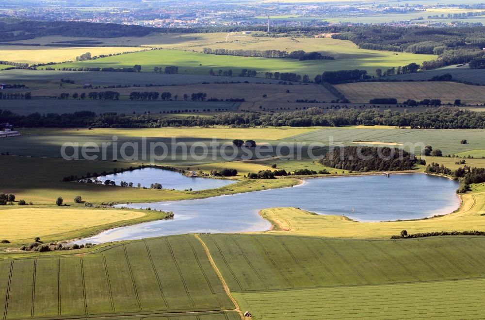 Aerial image Wechmar - The dam Wechmar in Thuringia impounds Schmallgraben and is used for irrigation purposes. The reservoir lake is adjacent to the nature reserve Rhoen mountain