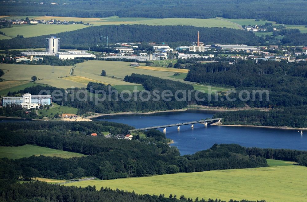 Aerial image Zeulenroda-Triebes - Bio Seehotel, Waikiki swimming world, Bauerfeind - tower and office building of Bauerfeind AG by the dam Zeulenroda near Zeulenroda-Triebes in the state of Thuringia