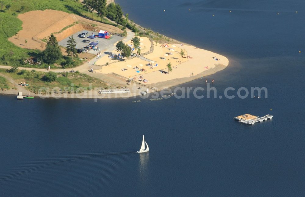 Zeulenroda-Triebes from above - Boats on the dam Zeulenroda near Zeulenroda-Triebes in the state of Thuringia. The dam Zeulenroda is located in the district of Greiz and was originally created as a drinking water reservoir