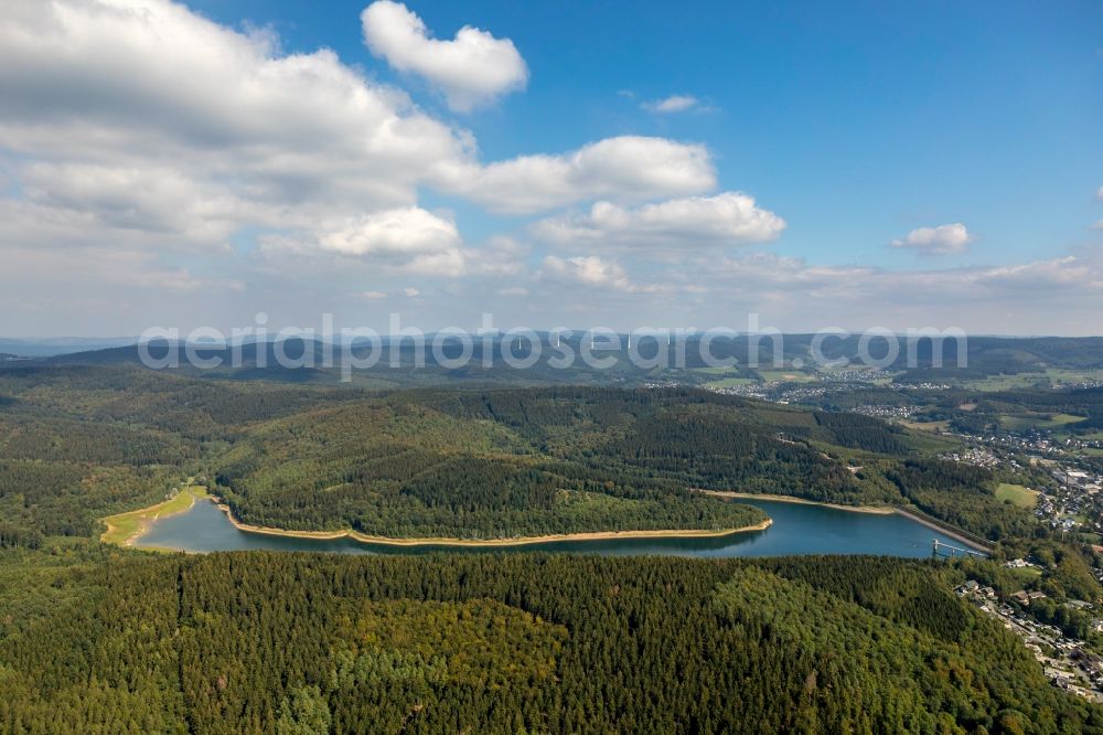 Hilchenbach from above - Dam and shore areas at the lake Breitenbachtalsperre in Allenbach in the state North Rhine-Westphalia, Germany