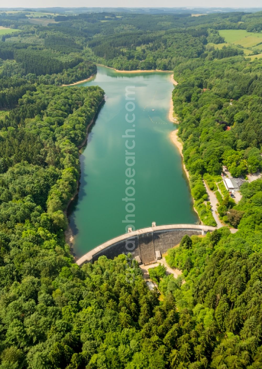 Breckerfeld from above - Dam and shore areas at the lake Gloersee - Gloertalsperre in Breckerfeld in the state North Rhine-Westphalia, Germany