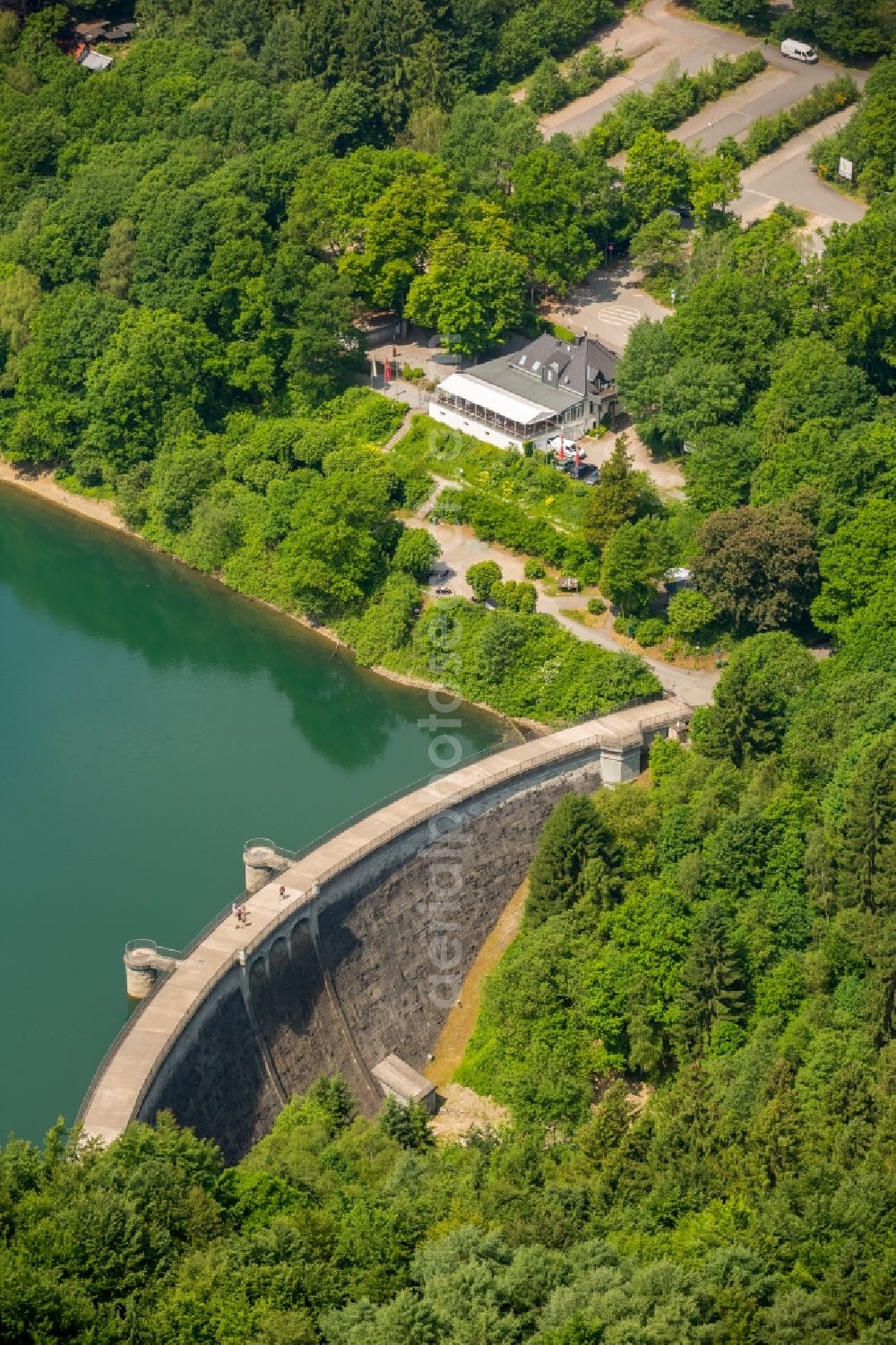 Breckerfeld from above - Dam and shore areas at the lake Gloersee - Gloertalsperre in Breckerfeld in the state North Rhine-Westphalia, Germany