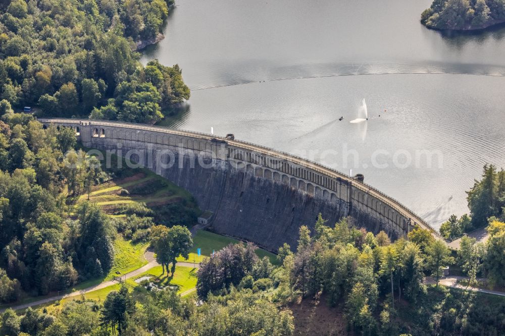 Aerial image Breckerfeld - Dam and shore areas at the lake Ennepetalsperre in Breckerfeld in the state North Rhine-Westphalia, Germany