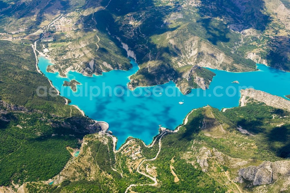 Demandolx from above - Dam and shore areas at the lake Lac de Castillon in Demandolx in Provence-Alpes-Cote d'Azur, France