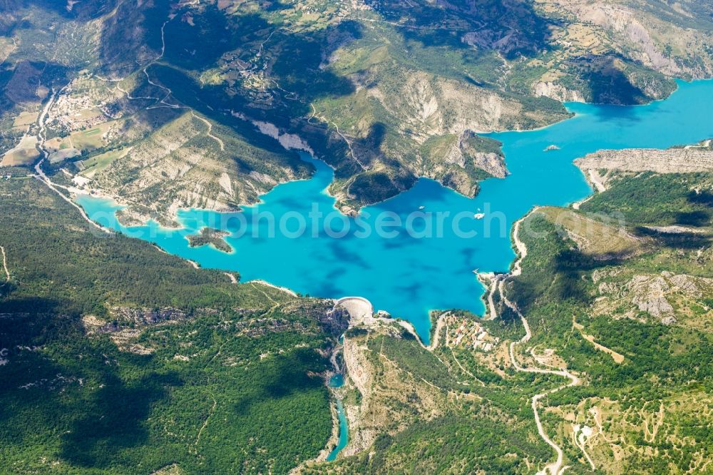 Demandolx from the bird's eye view: Dam and shore areas at the lake Lac de Castillon in Demandolx in Provence-Alpes-Cote d'Azur, France