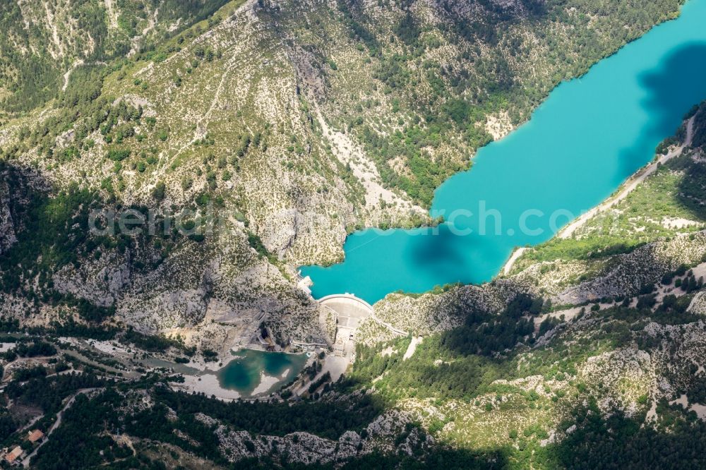 Demandolx from above - Dam and shore areas of Electricite de France (EDF) at the lake Lac de chaudanne in Demandolx in Provence-Alpes-Cote d'Azur, France