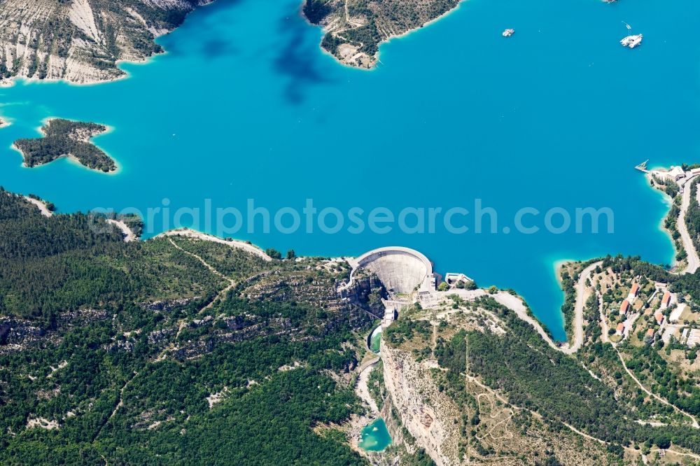 Demandolx from above - Dam and shore areas of Electricite de France (EDF) at the lake Lac de chaudanne in Demandolx in Provence-Alpes-Cote d'Azur, France