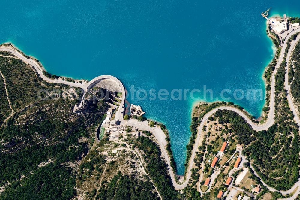 Demandolx from above - Dam and shore areas at the lake Lac de Castillon in Demandolx in Provence-Alpes-Cote d'Azur, France